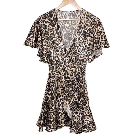 BB Dakota Womens Leopard Print Ruffle Wrap Mini Dress Flutter Sleeve Belted - Picture 3 of 16